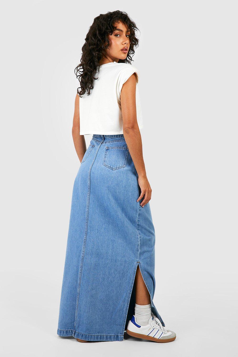 Knee length 2025 denim skirt boohoo